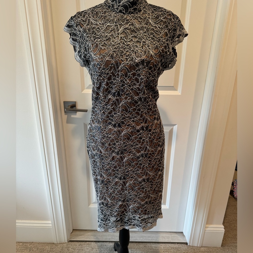 Miss Selfridge Pewter & Silver Lace Party Dress – Size US 8